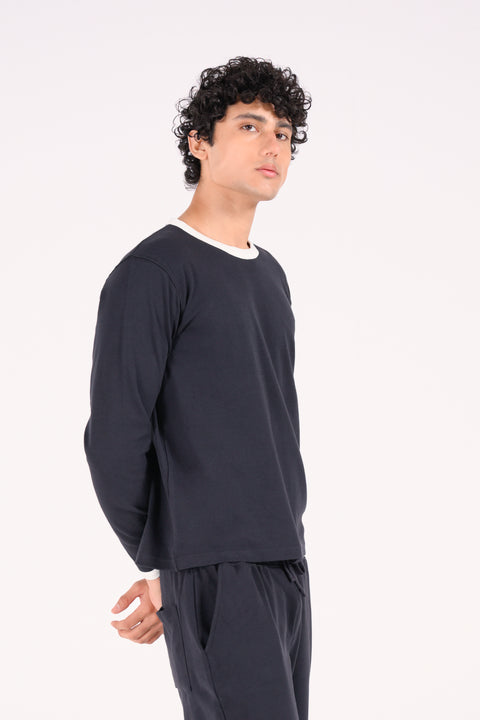 FULL SLEEVE CONTRAST RIB TEXTURED TEE
