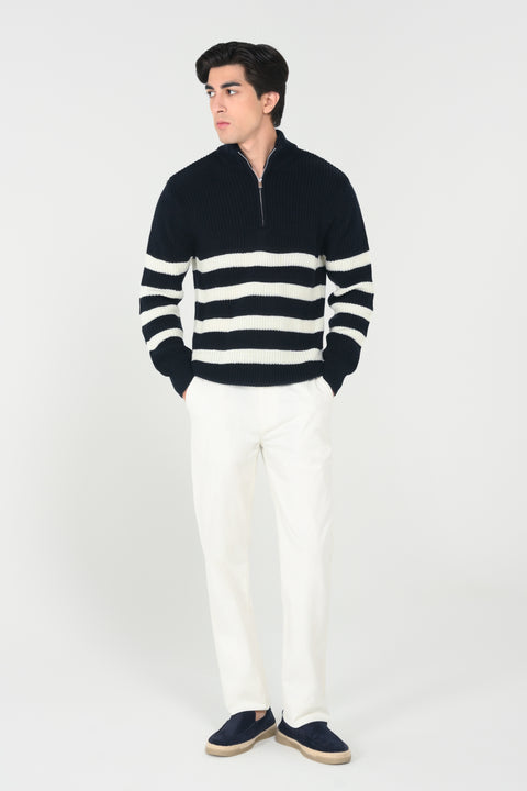 HALF ZIP MOCK NECK STRIPED SWEATER