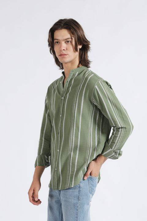 MANDARIN COLLAR LINEN STRIPED SHIRT