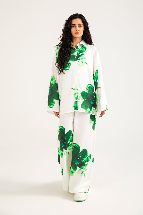 PRINTED SATIN BUTTON DOWN SHIRT