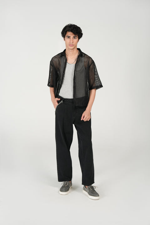 BOXY FIT REOSRT COLLAR MESH SHIRT
