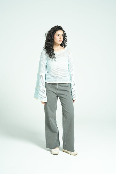 CROCHET KNIT TOP WITH BELL SLEEVES