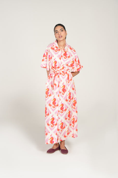 PRINTED DRESS WITH BELT DETAIL