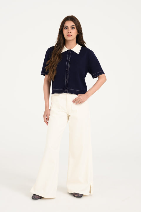 CONTRAST KNIT BUTTON DOWN TOP