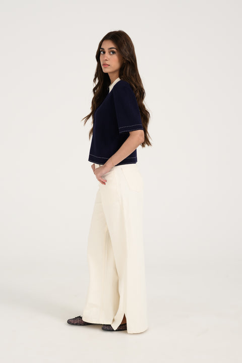 CONTRAST KNIT BUTTON DOWN TOP