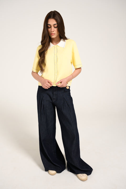 CONTRAST KNIT BUTTON DOWN TOP