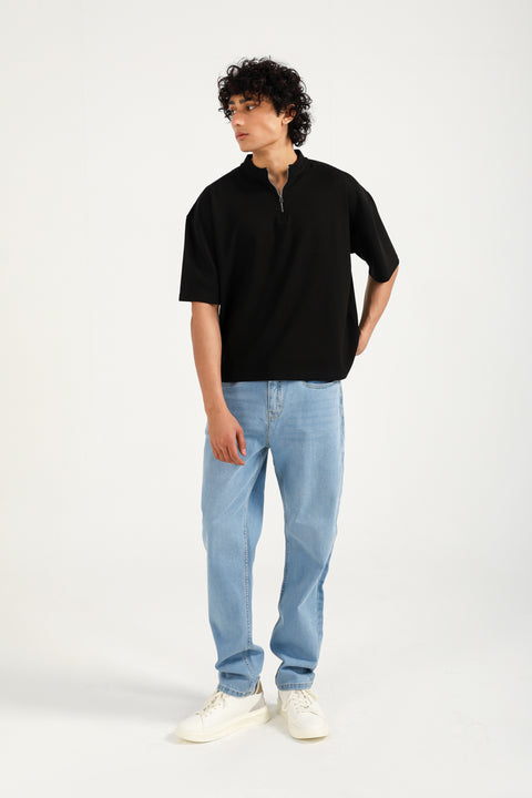 BOXY FIT MOCK NECK ZIP PLACKET POLO