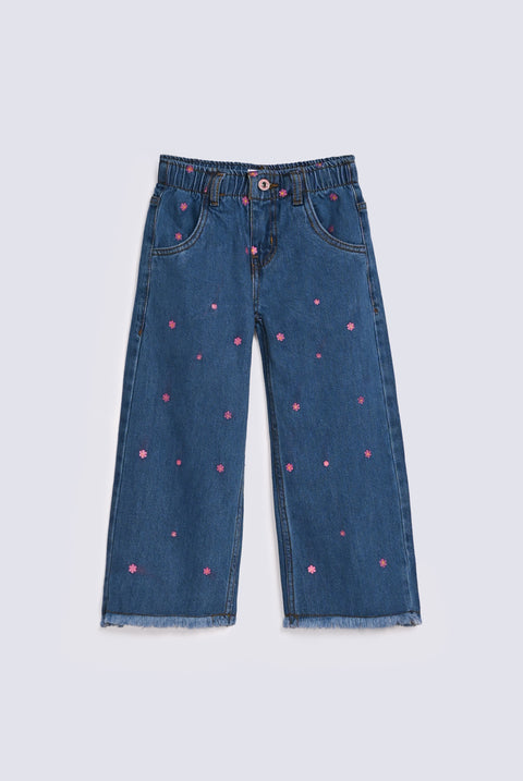 GIRLS WIDE LEG FLORAL PRINTED DENIM