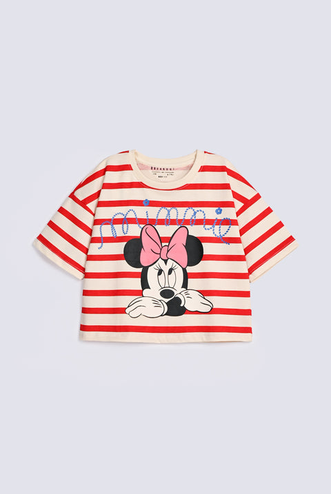 GIRLS STRIPED MINNIE PRINTED TEE