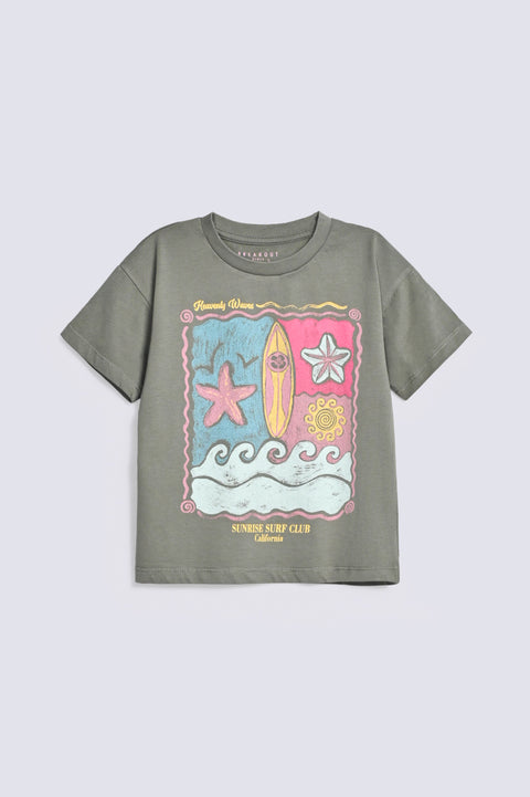 GIRLS DROP SHOULDER TROPICAL PRINTED T-SHIRT