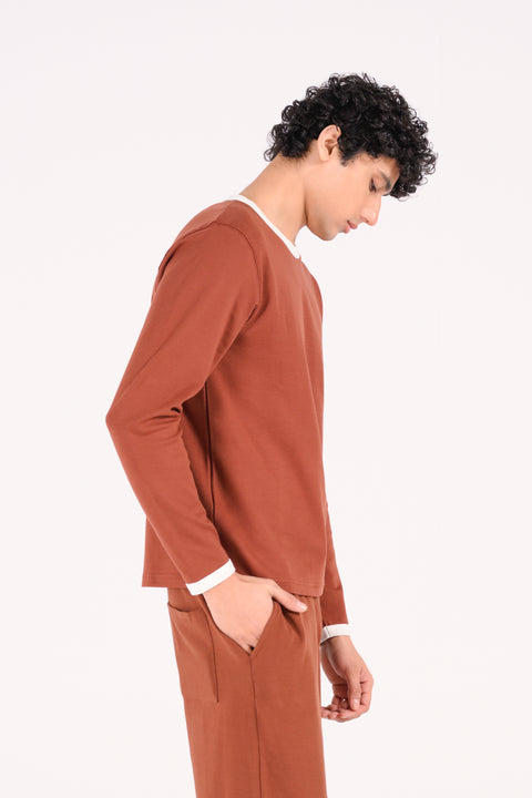 FULL SLEEVE CONTRAST RIB TEXTURED TEE