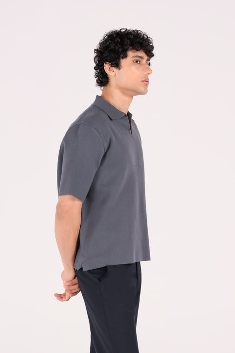 BOXY FIT JOHNNY COLLAR TEXTURED POLO