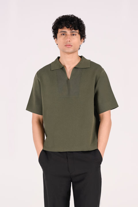 BOXY FIT JOHNNY COLLAR TEXTURED POLO