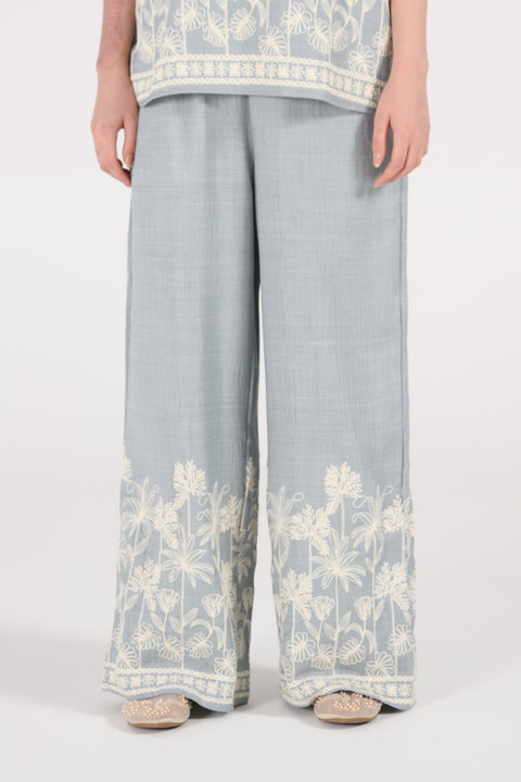 EMBROIDERED WIDE LEG TROUSERS