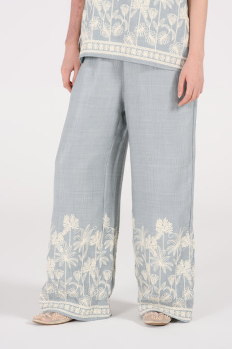 EMBROIDERED WIDE LEG TROUSERS