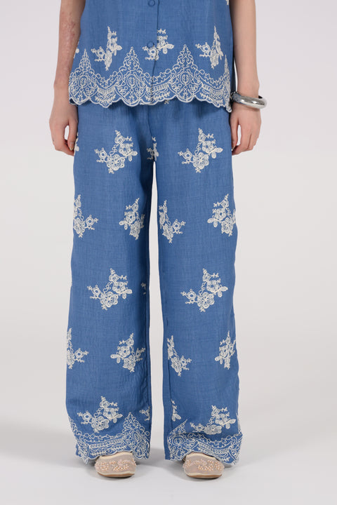 EMBROIDERED WIDE LEG TROUSERS