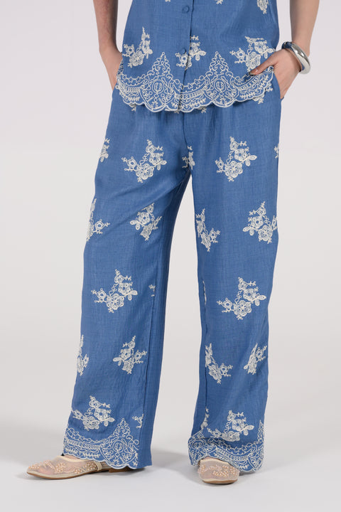 EMBROIDERED WIDE LEG TROUSERS