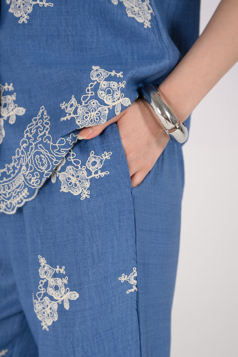EMBROIDERED WIDE LEG TROUSERS
