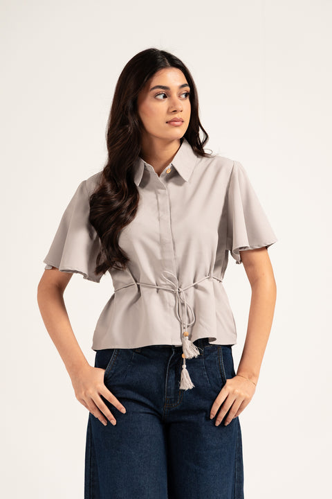 BUTTON DOWN SHIRT WITH TASSEL DETAIL