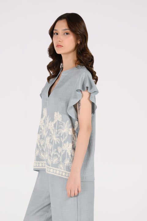 EMBROIDERED RUFFLE SLEEVE TOP