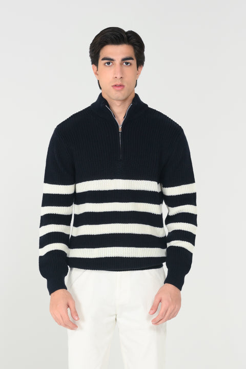 HALF ZIP MOCK NECK STRIPED SWEATER
