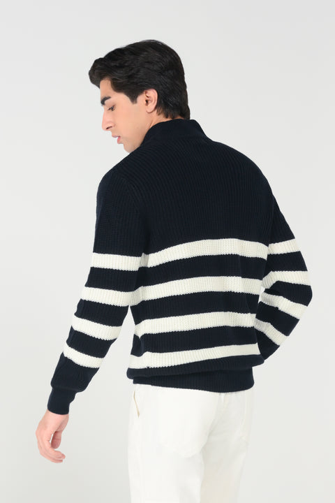 HALF ZIP MOCK NECK STRIPED SWEATER