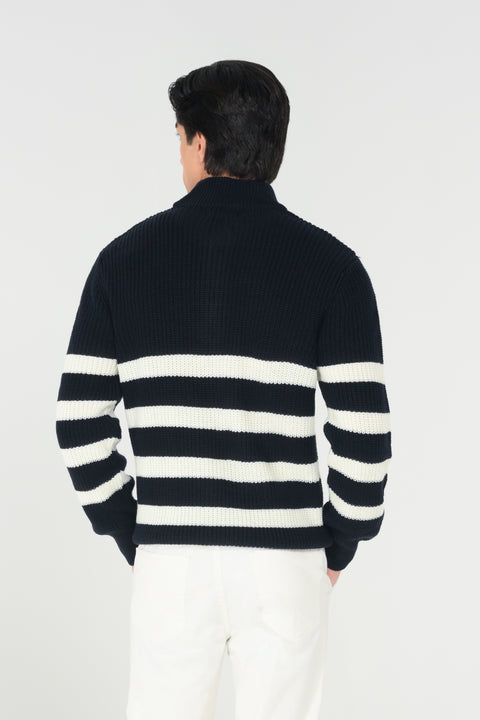 HALF ZIP MOCK NECK STRIPED SWEATER