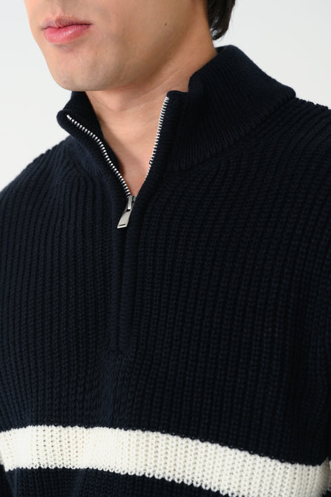 HALF ZIP MOCK NECK STRIPED SWEATER