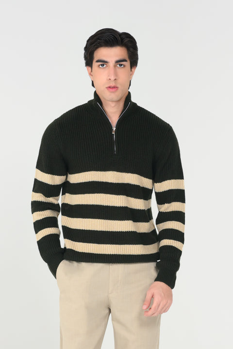 HALF ZIP MOCK NECK STRIPED SWEATER