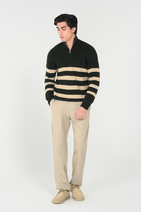 HALF ZIP MOCK NECK STRIPED SWEATER