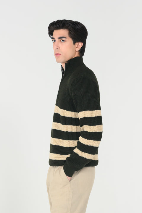 HALF ZIP MOCK NECK STRIPED SWEATER