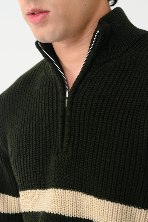 HALF ZIP MOCK NECK STRIPED SWEATER