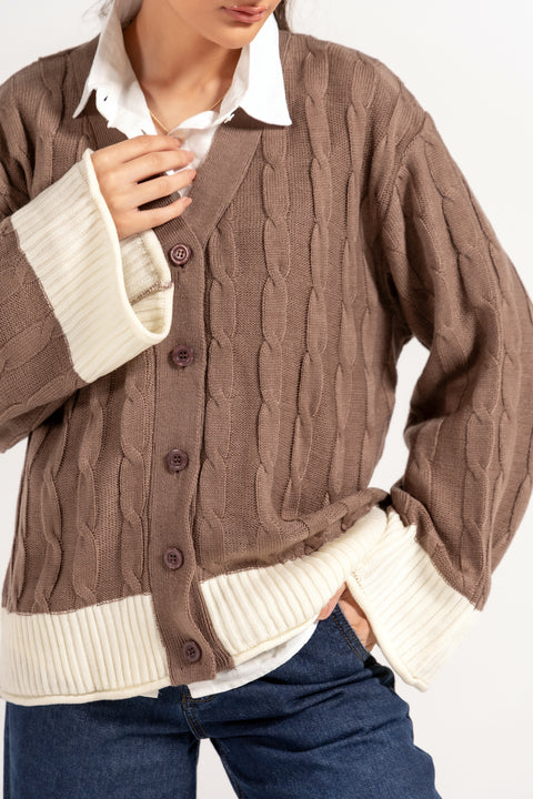 CONTRAST CABLE KNIT CARDIGAN
