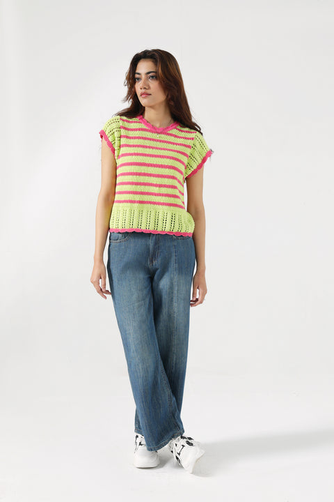 CONTRAST CROCHET KNIT TOP