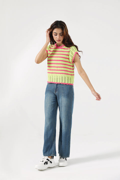 CONTRAST CROCHET KNIT TOP