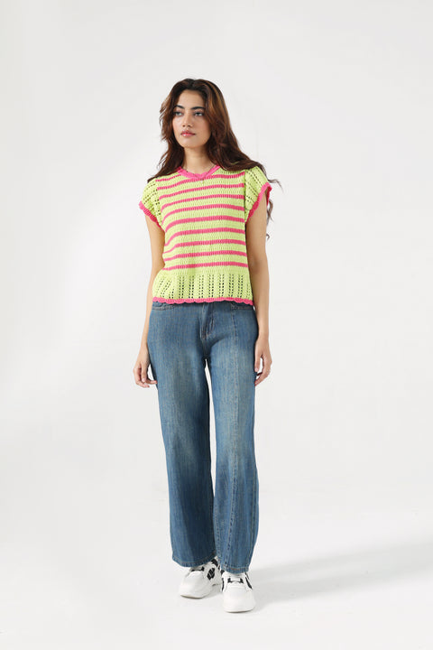 CONTRAST CROCHET KNIT TOP