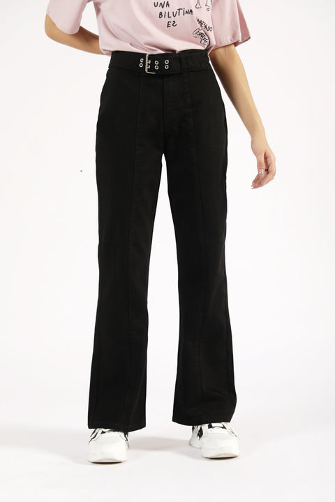 FLARED DENIM WITH BELT DETAIL