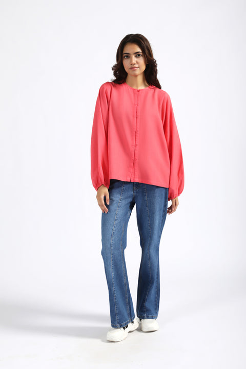 BUTTON DOWN TOP WITH BLOUSED SLEEVES