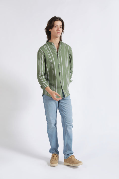 MANDARIN COLLAR LINEN STRIPED SHIRT