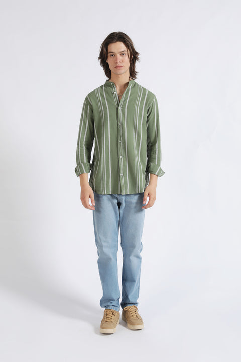 MANDARIN COLLAR LINEN STRIPED SHIRT