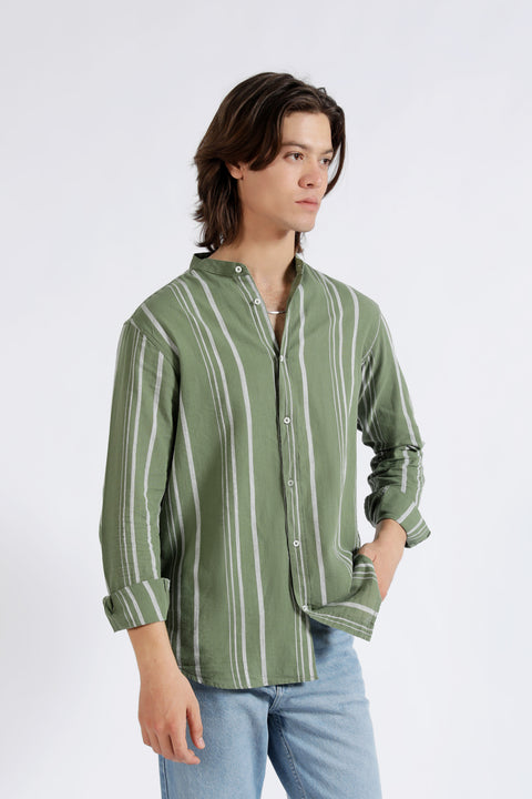 MANDARIN COLLAR LINEN STRIPED SHIRT