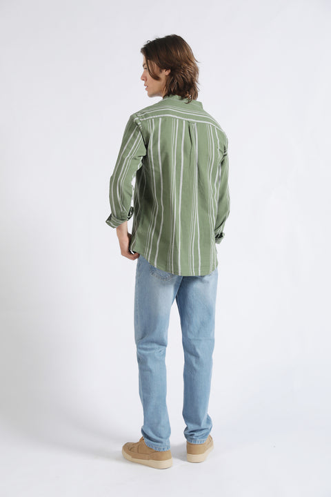 MANDARIN COLLAR LINEN STRIPED SHIRT