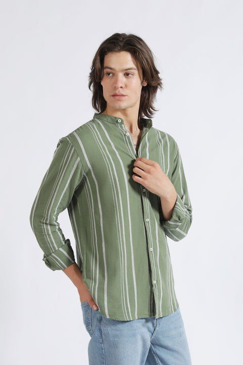 MANDARIN COLLAR LINEN STRIPED SHIRT