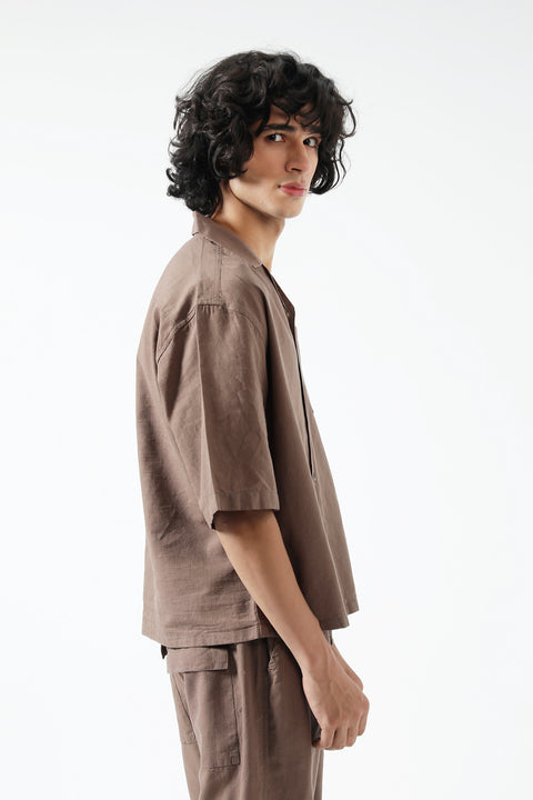 BOXY FIT RESORT COLLAR LINEN SHIRT