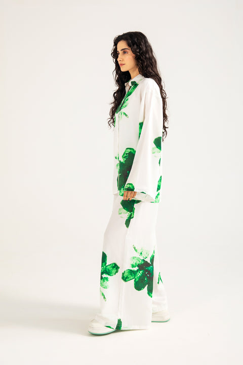 PRINTED SATIN BUTTON DOWN SHIRT