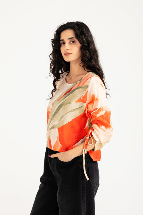 PRINTED TOP WITH SLEEVE DETAIL