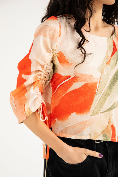 PRINTED TOP WITH SLEEVE DETAIL