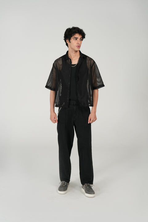 BOXY FIT REOSRT COLLAR MESH SHIRT