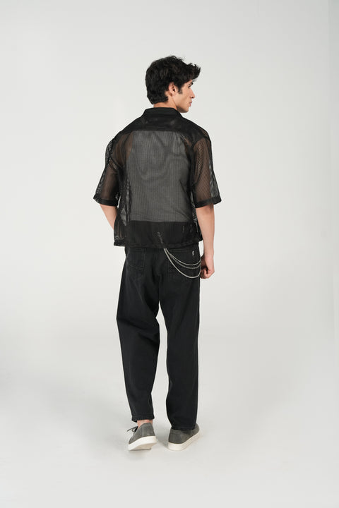 BOXY FIT REOSRT COLLAR MESH SHIRT