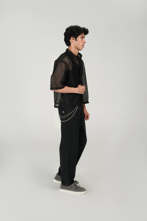 BOXY FIT REOSRT COLLAR MESH SHIRT